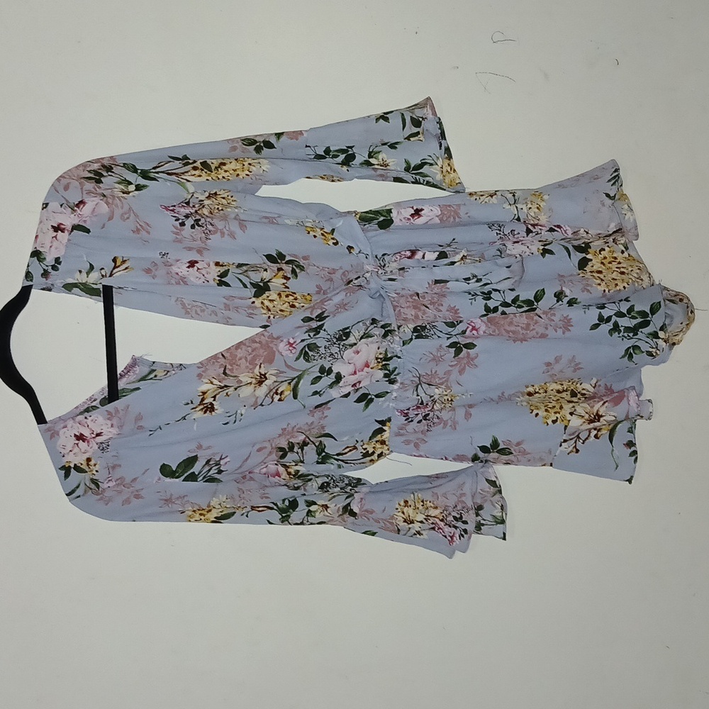 She+Sky Romper Womens Light Blue Floral Faux Wrap Ruffle Bell Sleeve‎ | Size: L
